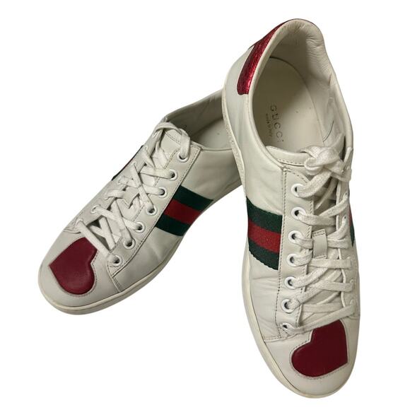 Gucci 435638 White Leather Ace Web Heart Lace Up Sneaker Size 37.5 US 7.5 - Picture 1 of 14